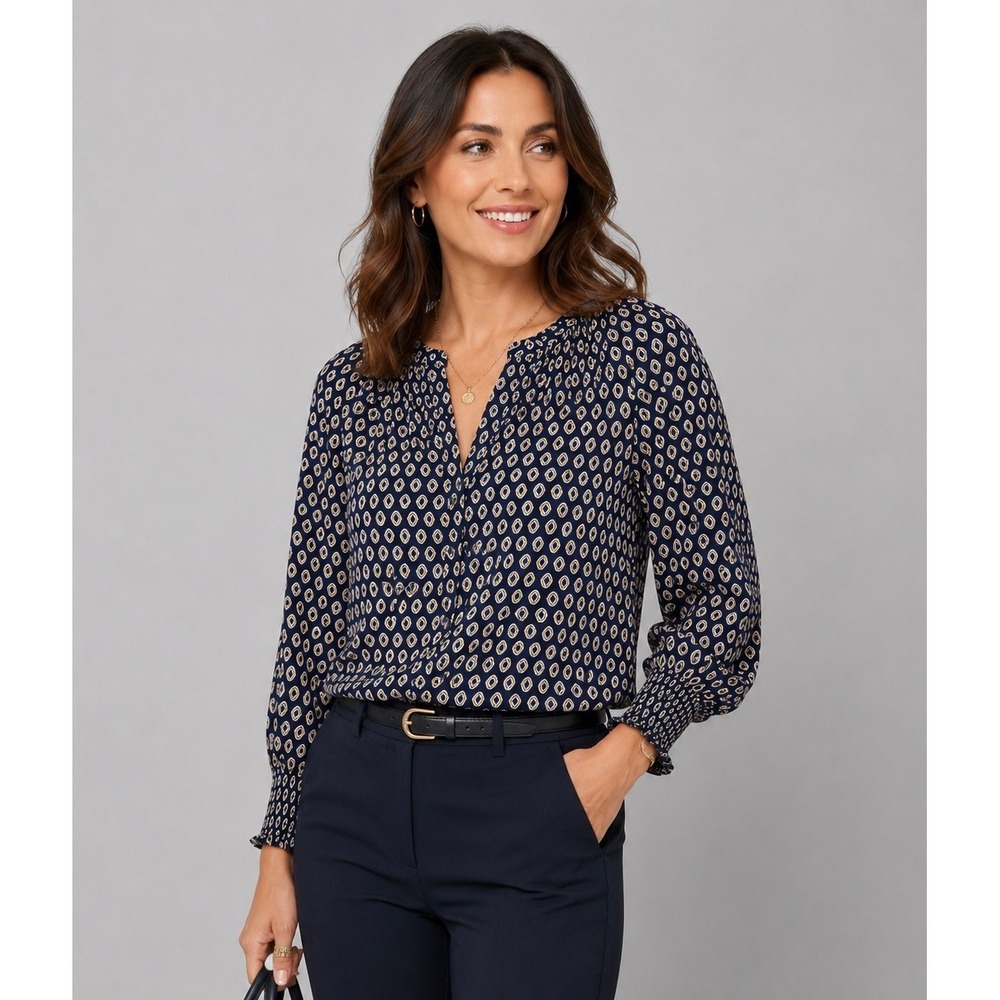 NWT Standard Surplus Women M Navy Geometric Diamond Print Smocked Cuff Blouse